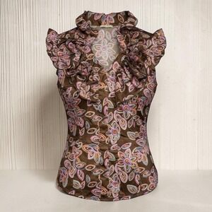 Vixen Satin Ruffle Blouse M Brown Retro Floral Preppy Boho Cottagecore Office